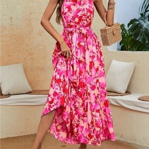 MULTICOLOR FLORAL BELTED A LINE MAXI BOHEMIAN DRESS